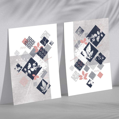 Blue, pink and gray mixed media floral 2-piece set art prints | Bowlift