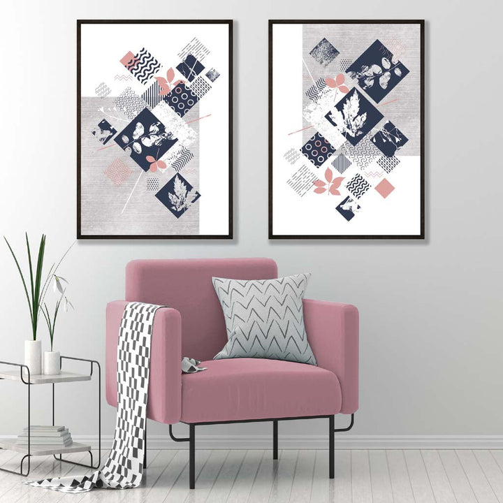 Blue, pink and gray mixed media floral 2-piece set art prints | Bowlift