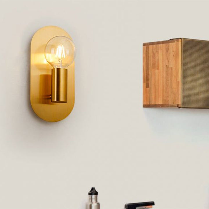 BowLift | 1 Head Exposed Bulb Wall Mount Lamp with Oval Metal Back Plate Postmodern Wall Lighting in Gold