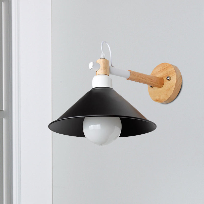 BowLift | 1 Head Conical Wall Lamp Light Nordic Style Black Metallic Wall Lighting with Wooden Backing