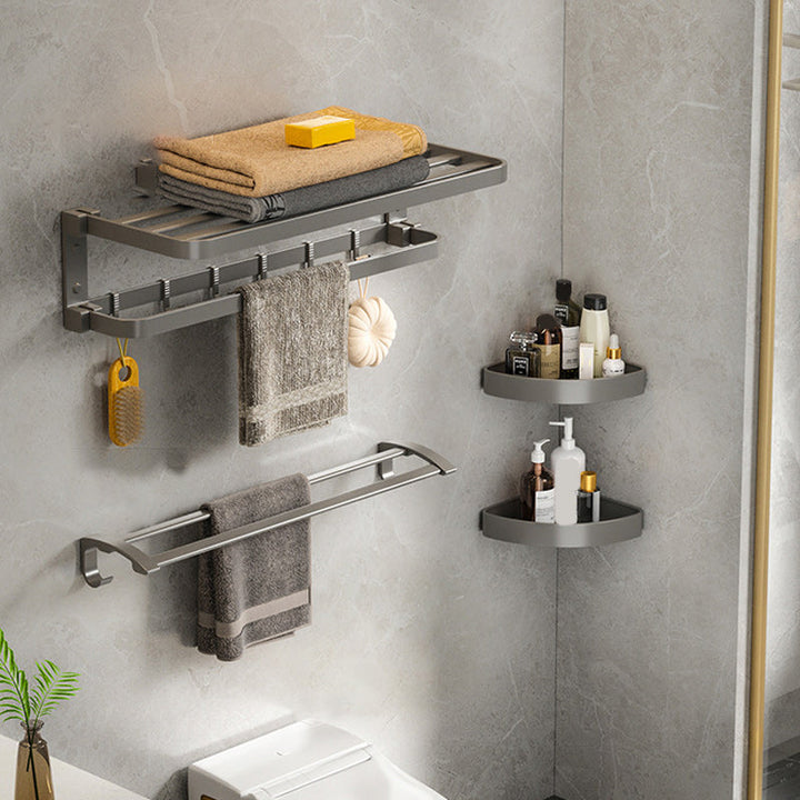 BowLift | Modern Gray Bathroom Accessory Set Aluminum Stainless Steel Bathroom Shelf/Towel Hooks/Towel Bar
