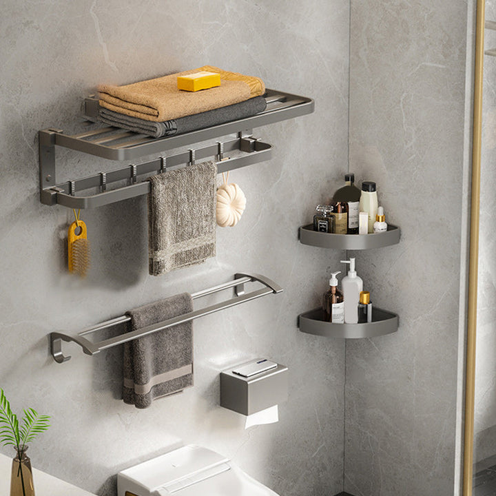 BowLift | Modern Gray Bathroom Accessory Set Aluminum Stainless Steel Bathroom Shelf/Towel Hooks/Towel Bar