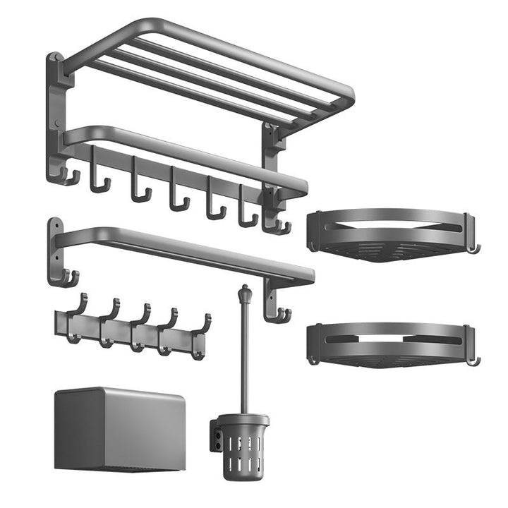 BowLift | Modern gray bathroom hardware set with bath shelf/towel holder/robe hook/toilet paper holder