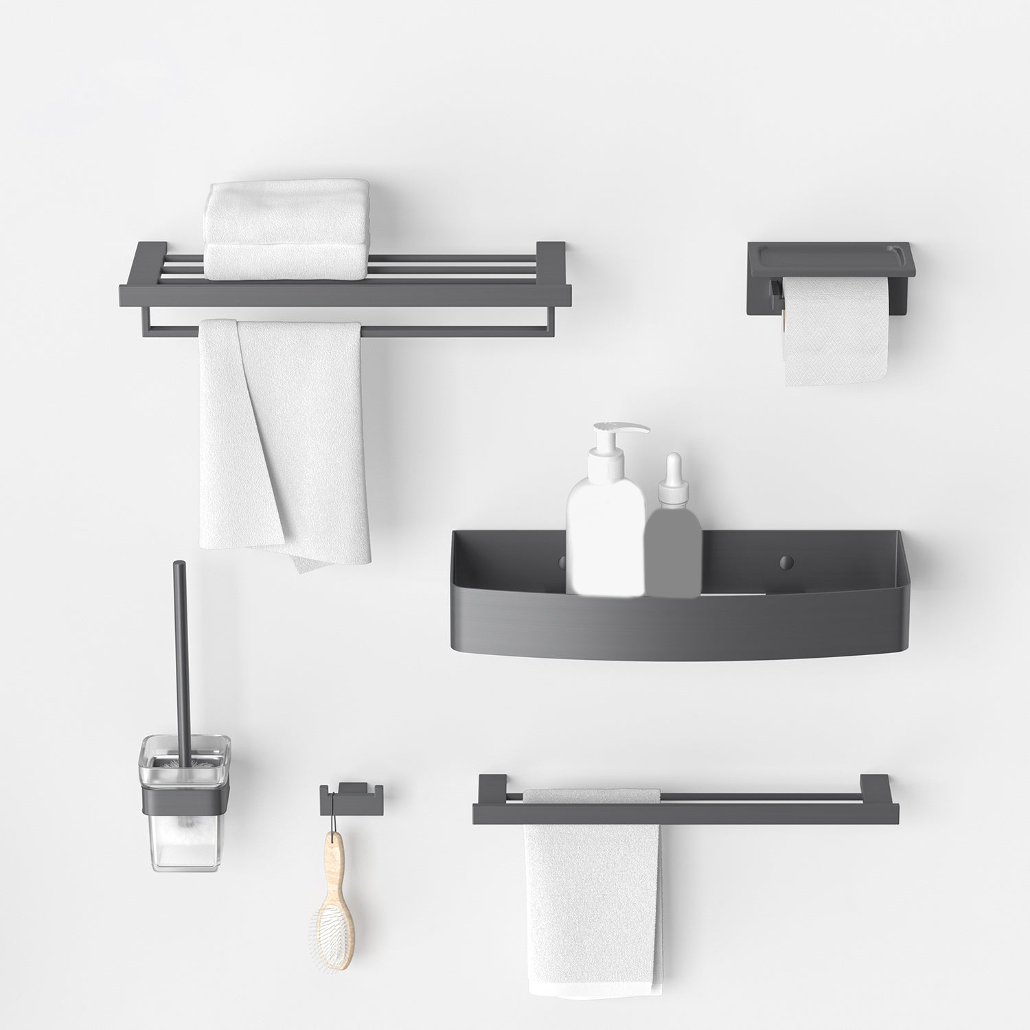 BowLift | Gray contemporary bathroom accessory set Brushed gray bath shelf/toilet paper holder/towel bar