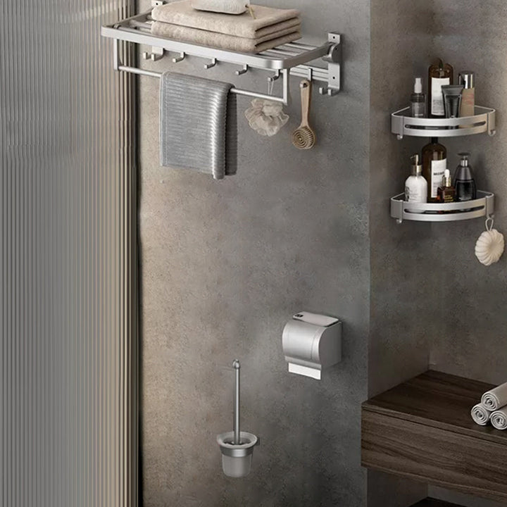 BowLift | Contemporary Silver Metal Bathroom Fittings Set with Triangle Bathroom Shelf