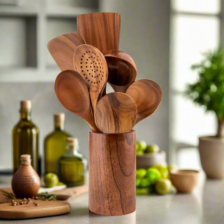 TeakChef Kitchen Set – Durable Antibacterial Kitchen Utensils made of Teak Wood | Bowlift