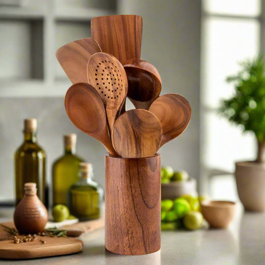 TeakChef Kitchen Set – Sustainable Antibacterial Kitchen Utensils made of Teak Wood | Bowlift