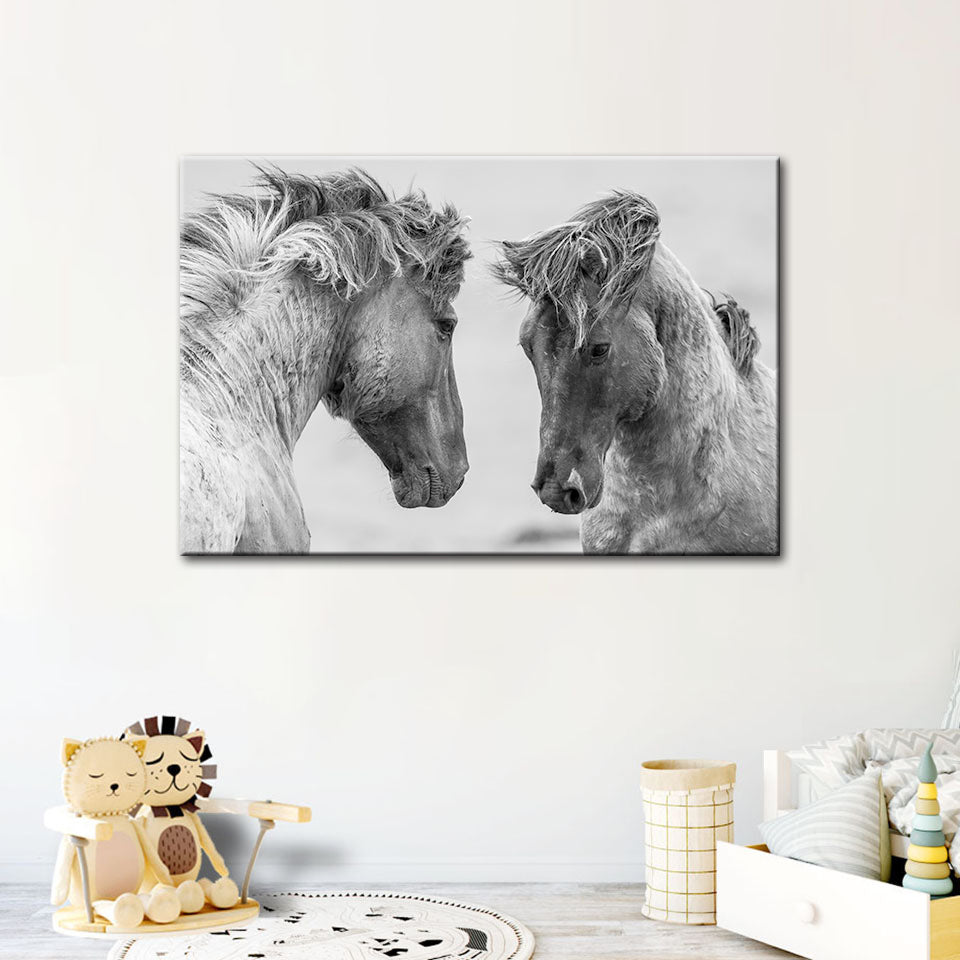 Two White Horses - Canvas Wall Art Painting | Bowlift