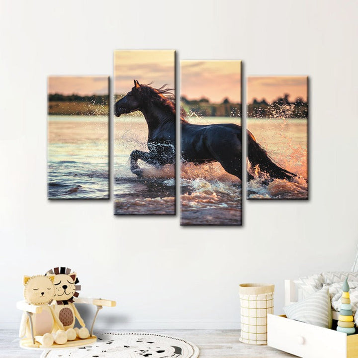 4 Piece Running Horse in Water - Canvas Wall Art Painting | Bowlift