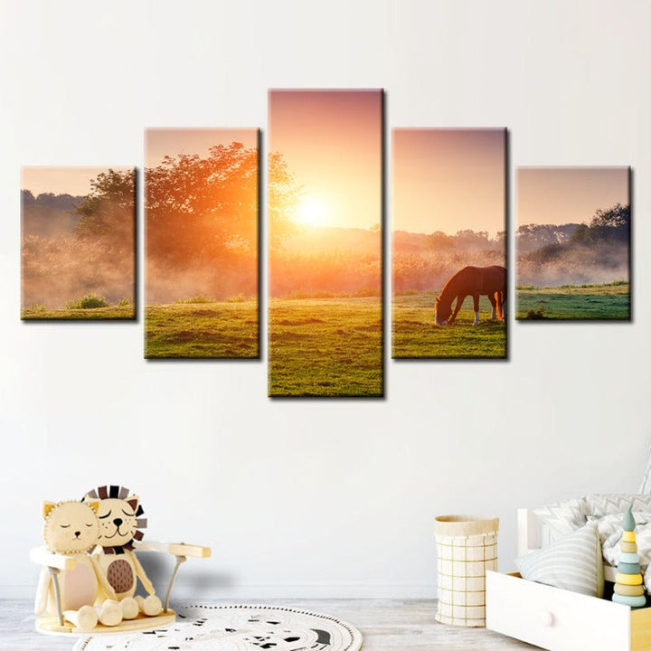 5 Piece Sunrise Grazing Horse - Canvas Wall Art Painting | Bowlift