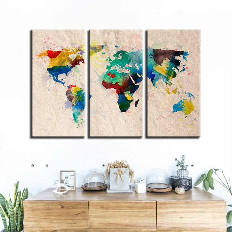 Beautiful Abstract Rainbow Color World Map-Canvas Wall Art Painting 3 Pieces | Bowlift
