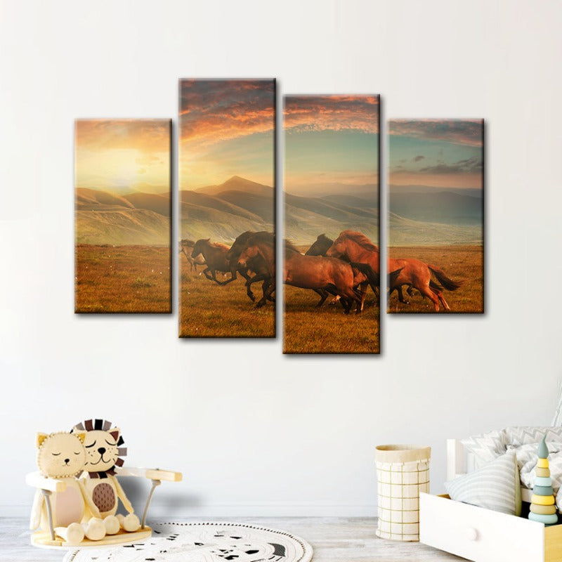 4 Piece Running Horses With Beautiful Landscape - Canvas Wall Art Painting | Bowlift