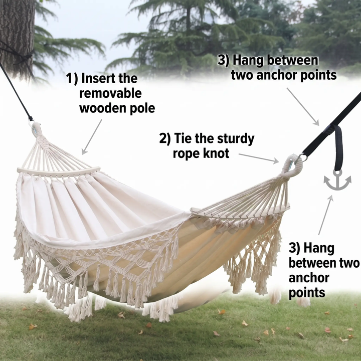 BowLift | 200x150cm Double Outdoor Camping Fringe Canvas Hammock with Pole (White)