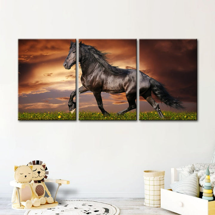 Running Black Horse-Canvas Wall Art Painting 3 Pieces | Bowlift