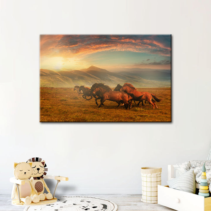 Running Horses With Beautiful Landscape - Canvas Wall Art Painting | Bowlift