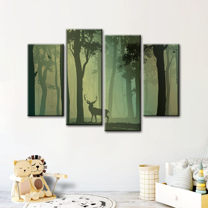 4 Piece Enchanted Green Toned Silhouetted Deer - Canvas Wall Art Painting | Bowlift