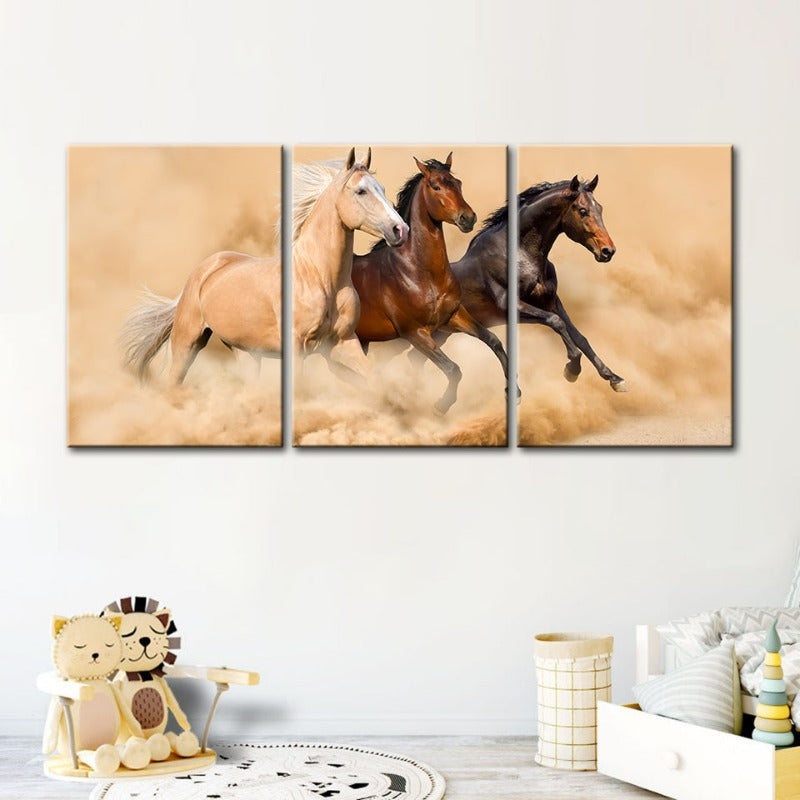 Three Running Horses In Desert-Canvas Wall Art Painting 3 Pieces | Bowlift