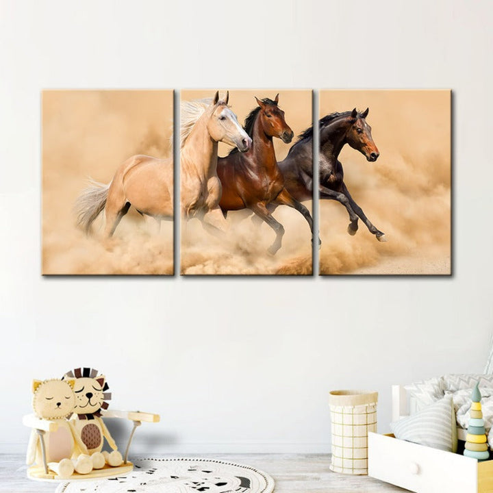 Three Running Horses In Desert-Canvas Wall Art Painting 3 Pieces | Bowlift