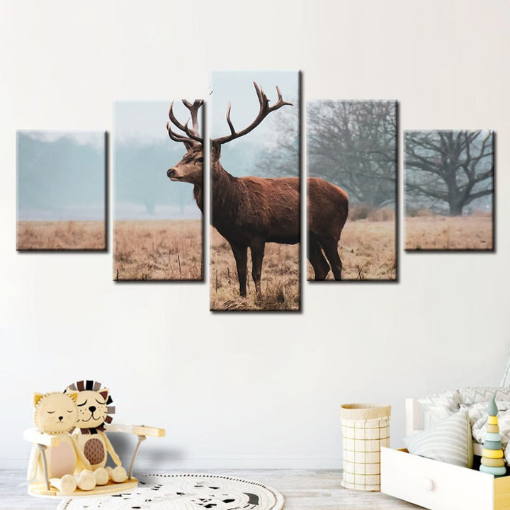 5 Piece Regal Deer in the Plains - Canvas Wall Art Painting | Bowlift