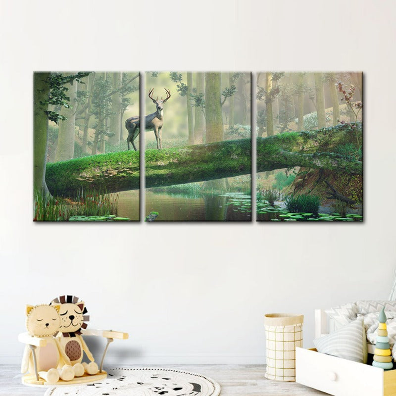 Enchanted Forest Deer-Canvas Wall Art Painting 3 Pieces | Bowlift