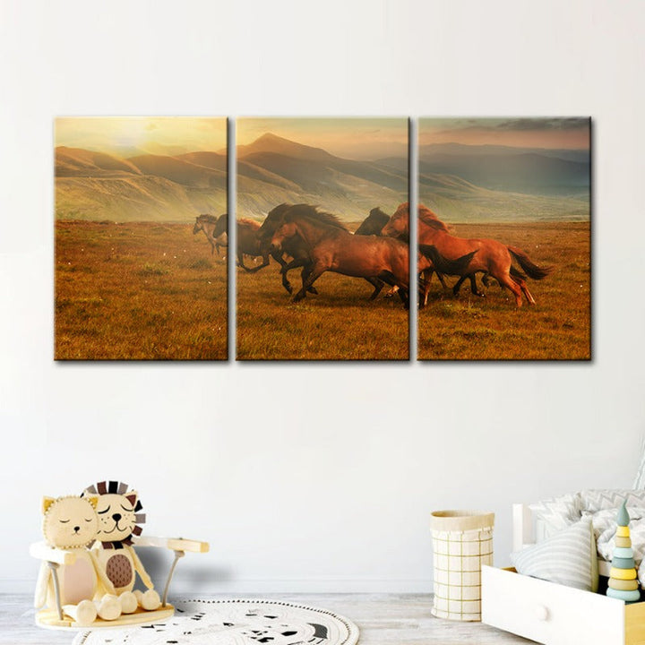 Running Horses With Beautiful Landscape-Canvas Wall Art Painting 3 Pieces | Bowlift