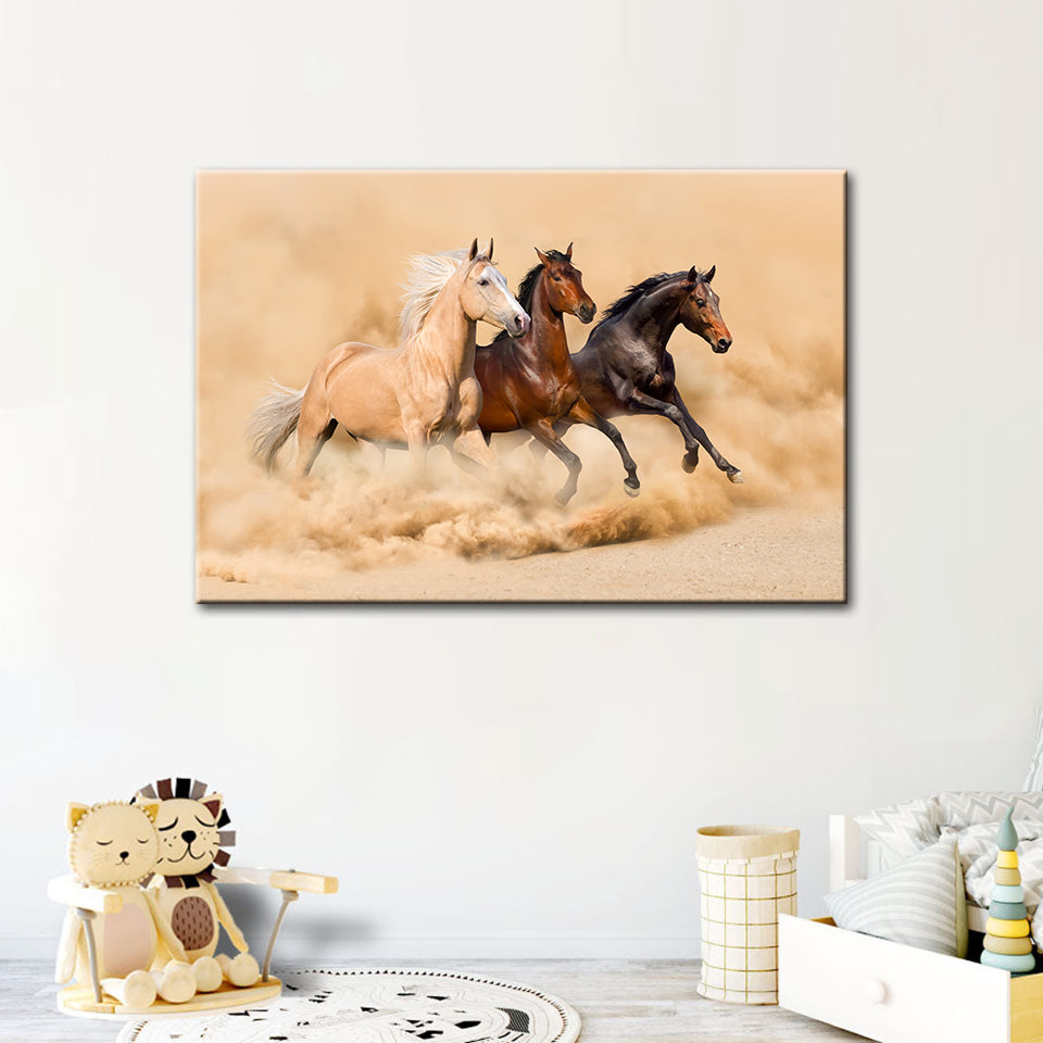 Three Running Horses in Desert - Canvas Wall Art Painting | Bowlift