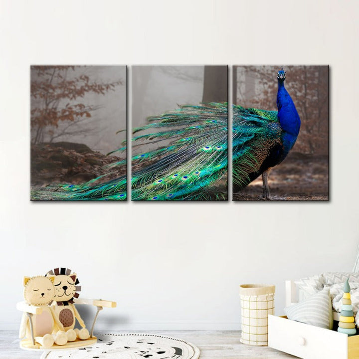 Vivid Peacock By The Pond-Canvas Wall Art Painting 3 Pieces | Bowlift