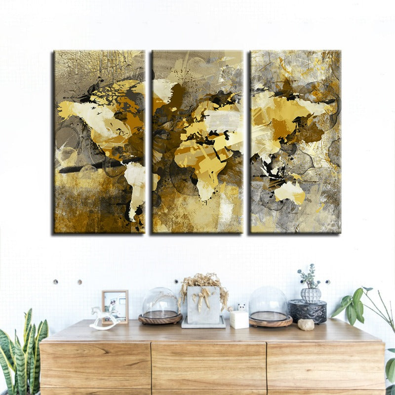 Beautiful Abstract Yellow Brown World Map-Canvas Wall Art Painting 3 Pieces | Bowlift