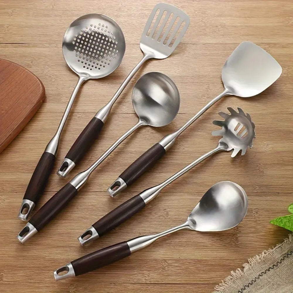 BowLift | Gleaming Stainless Steel Wooden Utensils | 6Pcs Set