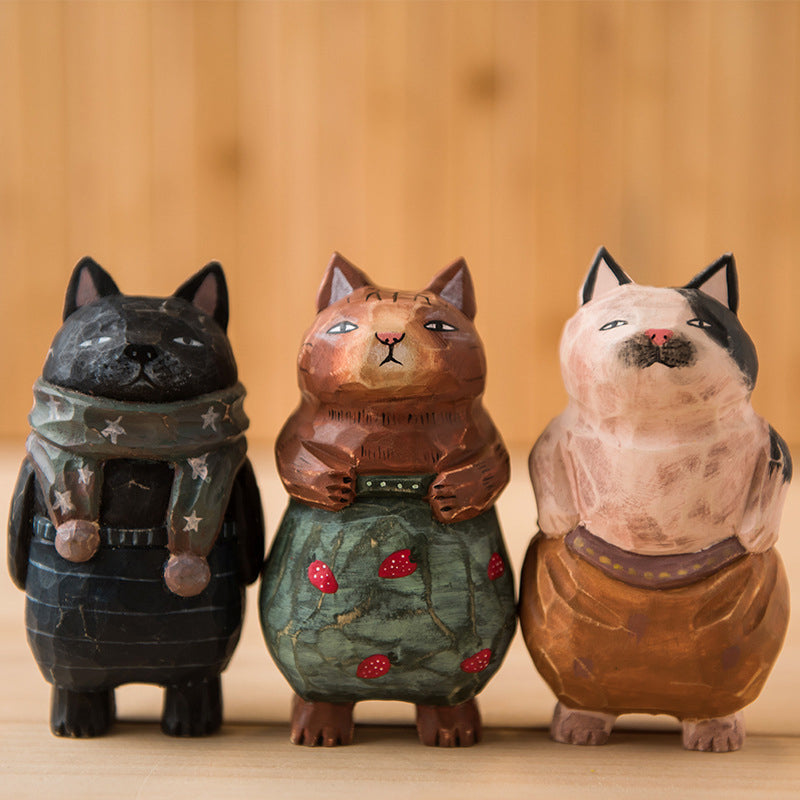 Handmade Cute Cat Wood Carving Ornaments | Bowlift