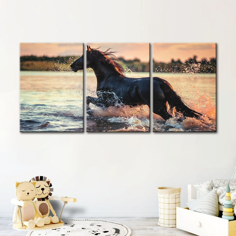 Running Horse In Water-Canvas Wall Art Painting 3 Pieces | Bowlift