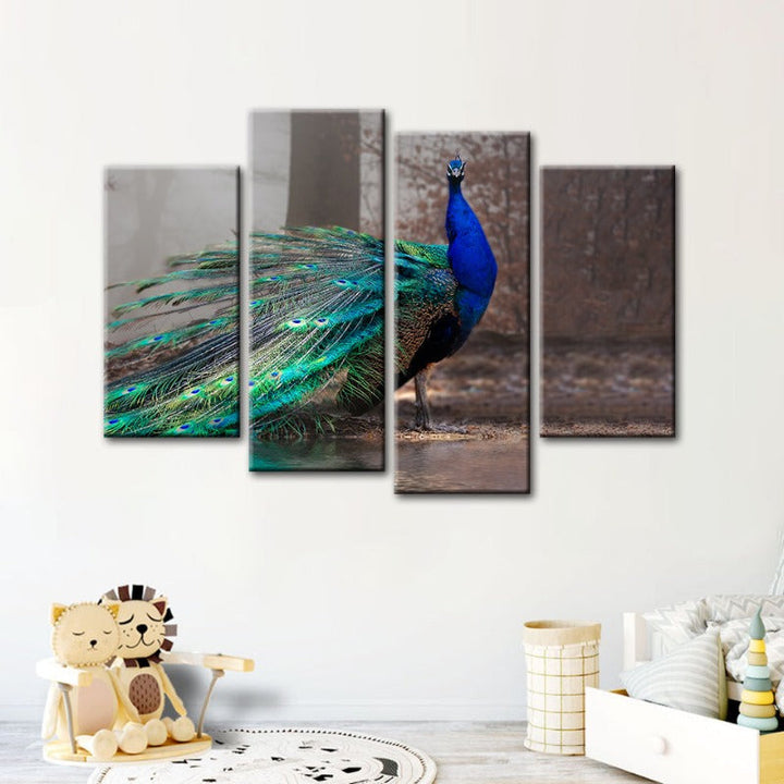 4 Piece Vivid Peacock by the Pond - Canvas Wall Art Painting | Bowlift