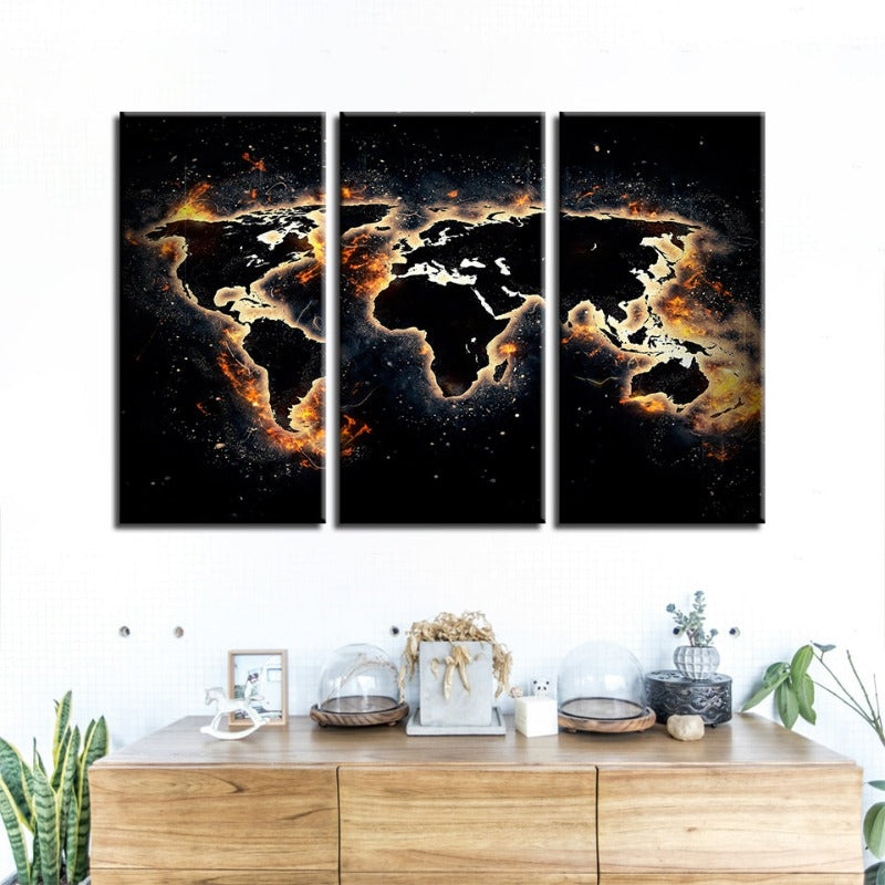 Fire and Black World Map-Canvas Wall Art Painting 3 Pieces | Bowlift