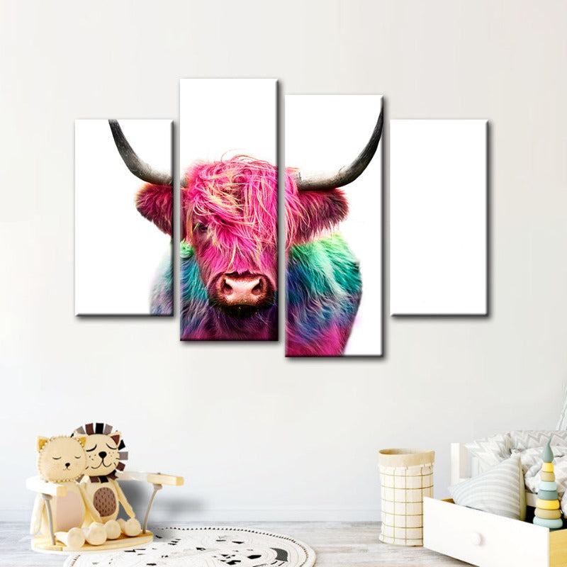 4 Piece Colorful Pink Cow - Canvas Wall Art Painting | Bowlift
