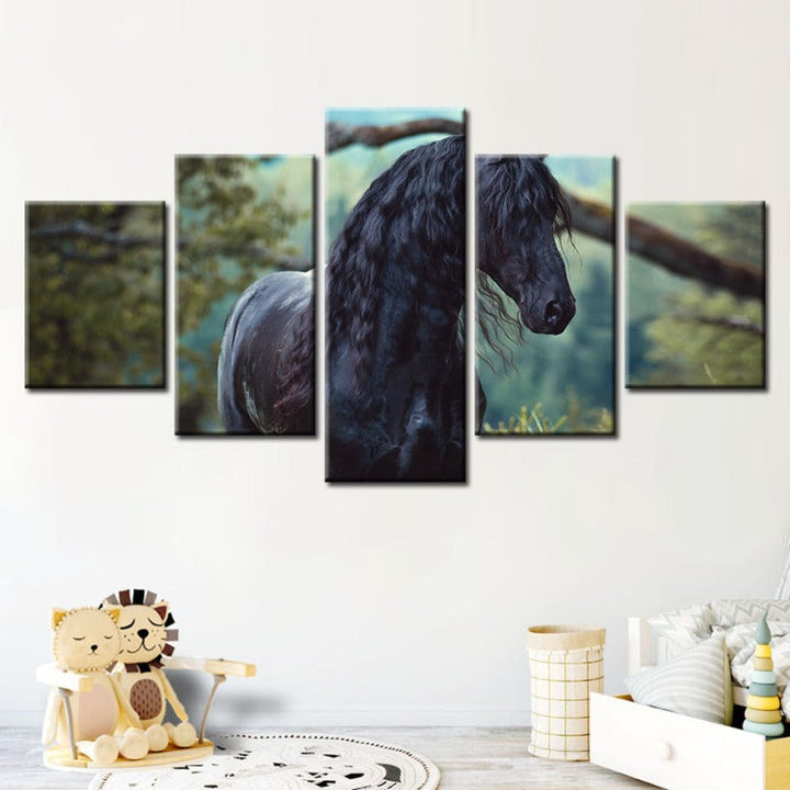 5 Piece Black Horse in Forest - Canvas Wall Art Painting | Bowlift