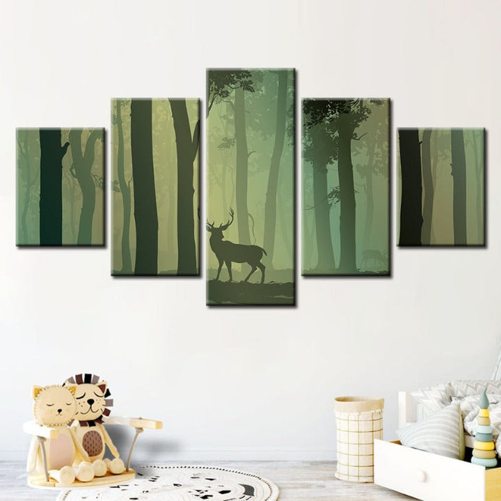 5 Piece Enchanted Green Silhouetted Deer - Canvas Wall Art Painting | Bowlift