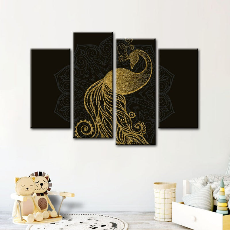 Abstract Golden Mandala Peacock-Canvas Wall Art Painting 4 Pieces | Bowlift