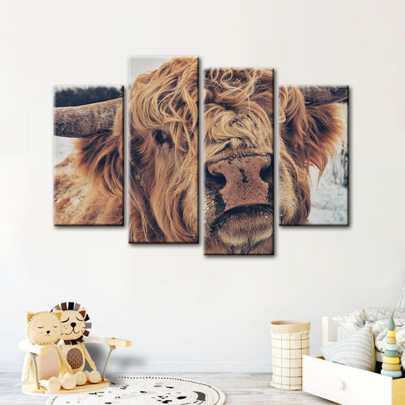 4 Piece Close Up Brown Cow - Canvas Wall Art Painting | Bowlift