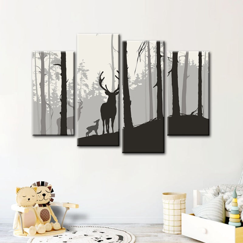 4 Piece Silhouette Deer Family - Canvas Wall Art Painting | Bowlift