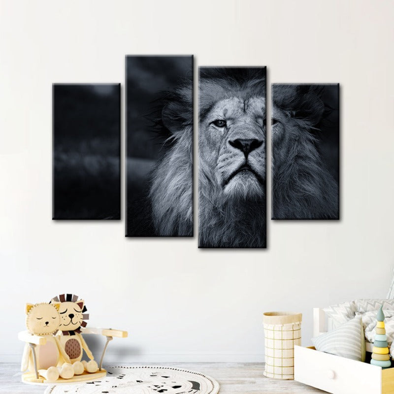 4 Piece Grayscale Concerned Lion - Canvas Wall Art Painting | Bowlift