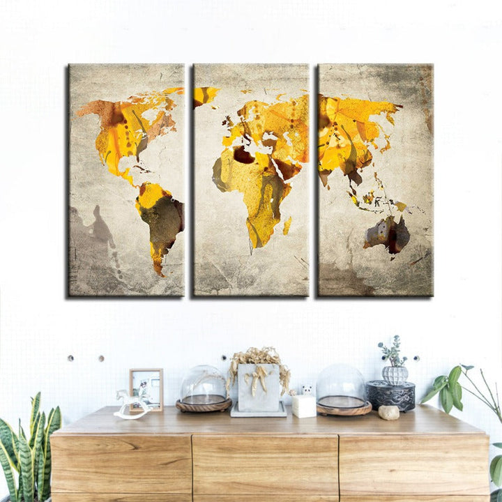 Yellow Classic World Map-Canvas Wall Art Painting 3 Pieces | Bowlift