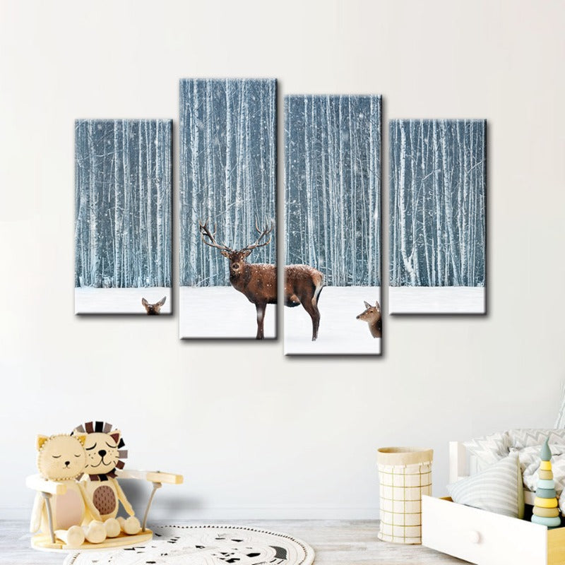 4 Piece Two Does and a Deer in Winter - Canvas Wall Art Painting | Bowlift