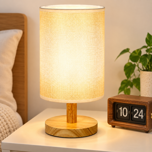 Decorative Cylindrical Fabric Shade Table Lamp with Wooden Base and Mosaic Texture Bowlift
