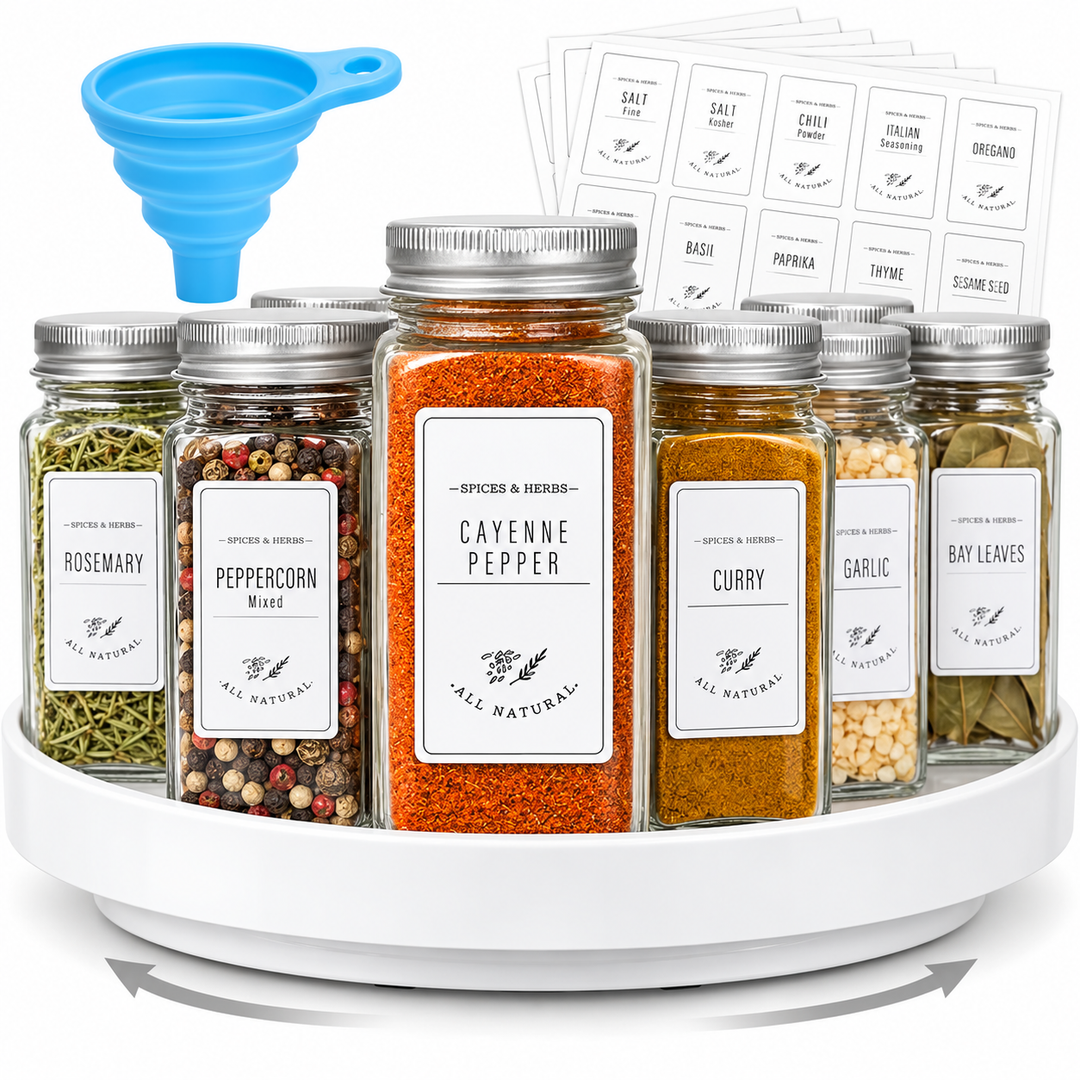 Glass Spice Jar Organization Kit with Labeled Bottles and Filling Funnel Bowlift