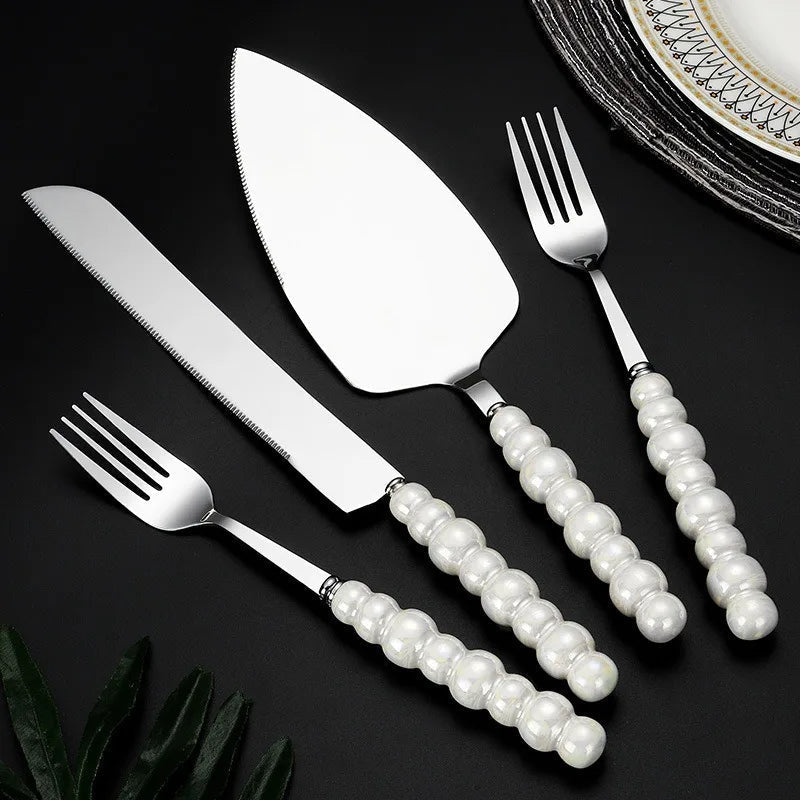 BowLift | Creative Pearl Ceramic Handle Cake Knife and Spatula Set Stainless Steel