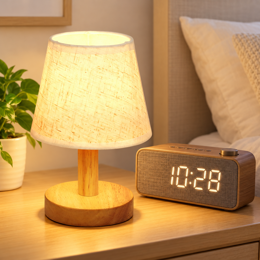 Mini Wooden Bedside Table Lamp with Tactile Linen Shade Bowlift