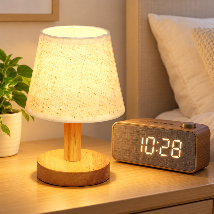 Mini Wooden Bedside Table Lamp with Tactile Linen Shade Bowlift