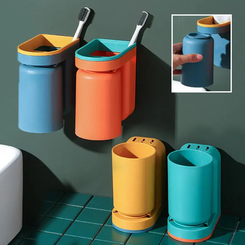 BowLift | Toothbrush Holder with Cup | Wall-Mounted | Self-Adhesive | ABS Plastic | 11.5×7×12.5cm
