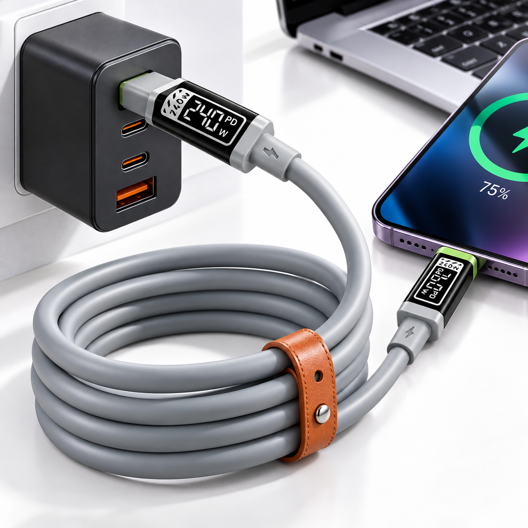 High-Power PD Fast-Charging USB-C Braided Nylon Cable with LED Power Display Bowlift
