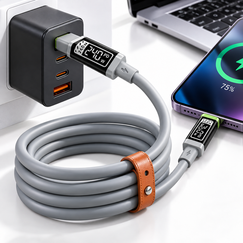 High-Power PD Fast-Charging USB-C Braided Nylon Cable with LED Power Display Bowlift